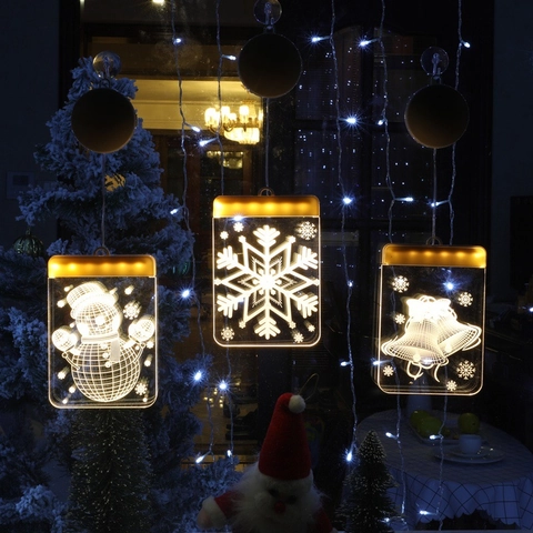 3D LED Christmas Window Hanging Lights Acrylic Suction Cup Lamp Battery Powered Holiday Party Festive Home Decor