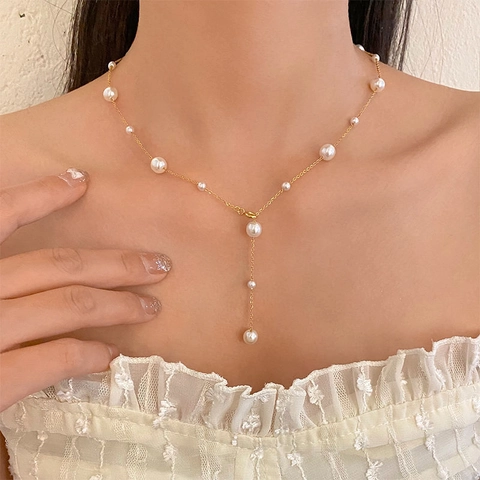 Elegant Alloy Gold Plated Faux Artificial Pearl Lariat Necklace For Women Gypsophila Simple Y-Shaped Tassel Clavicle Chain Jewelry