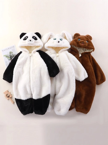 Cute Animal Cartoon Infant Baby Romper Warm Plush Jumpsuit For Newborn Boys Girls Autumn Winter Hooded Onesie Pajamas