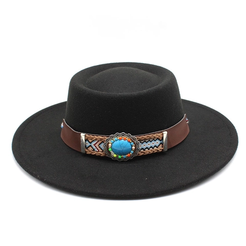 Cappello Fedora A Tesa Larga Boemo Vintage Fascia Intrecciata Etnica Turchese Feltro Di Lana Cowboy Per Donne