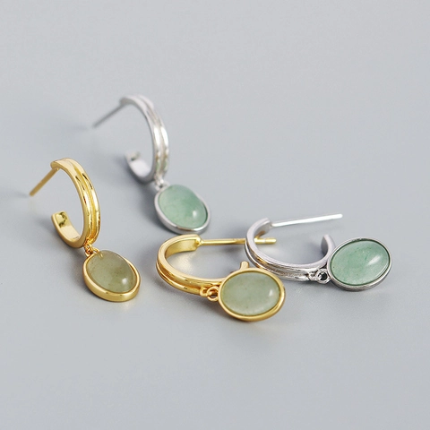 925 Sterling Zilveren Ovale Groene Aventurijn Druppeloorbellen Minimalistische C-Vorm Hoops Elegante Sieraden Voor Dames