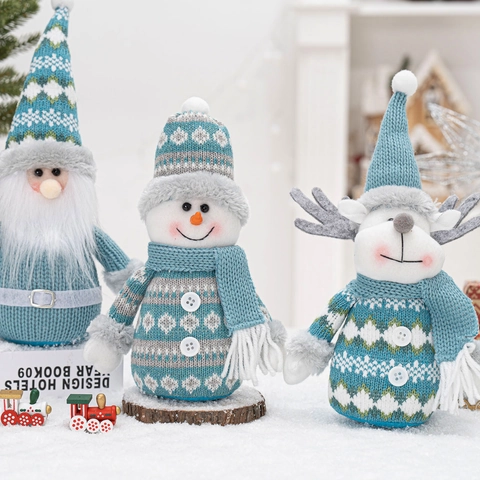 Gnomes En Peluche Tricotés De Noël Bonhomme De Neige Renne Figurines Série Hiver Bleu Blanc Décoration De Table Maison