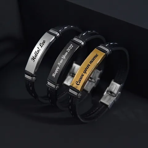 Heren Gevlochten Leren Armband Met Titanium Stalen Metalen Plaat Hip Hop Punk Stijl Biker Polsband Modeaccessoire
