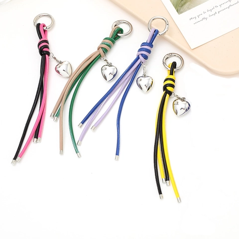 Fashion PU Leather Braided Rope Heart Keychain Tassel Bag Charm For Women Key Ring Pendant Accessory Gift
