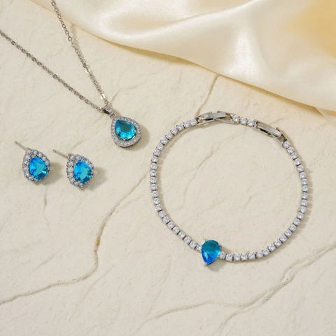 Elegante Set di Gioielli in Acciaio Inossidabile per Donna Zirconia Goccia d'Acqua Blu Collana Bracciale Orecchini Set di Gioielli alla Moda Dolce