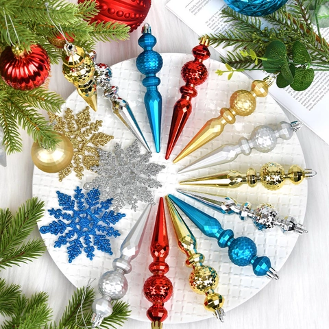 Christmas Tree Ornaments Baubles Hanging Finials Snowflakes Plastic Electroplated Glitter Holiday Decor Festival Home