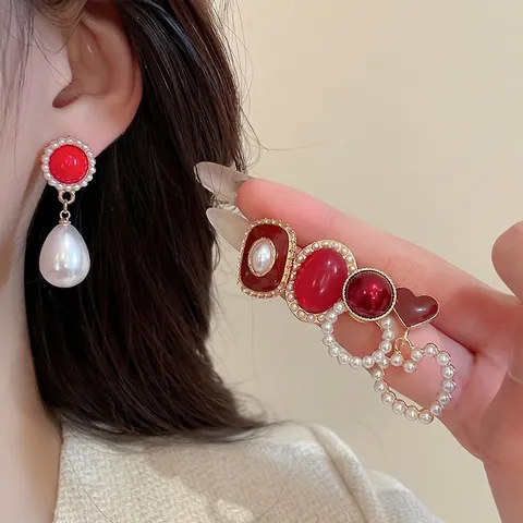 Pendientes De Perlas Artificiales De Corazón Rojo Con Poste De Plata Aleación Perla Artificial De Imitación Estilo Retro Francés Para Mujer
