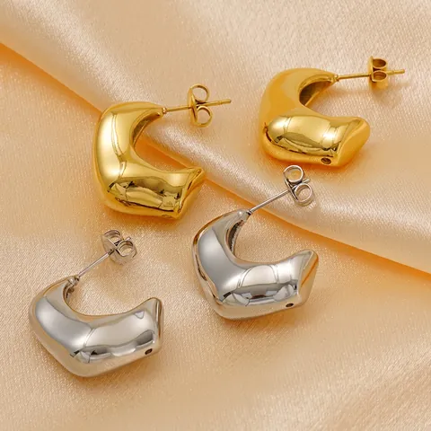 Chunky C Shape Stud Earrings Stainless Steel 18K Gold Plated Minimalist Geometric Polished Mirror Finish For Women