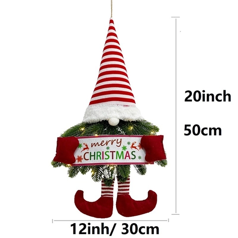 Corona Colgante de Gnomo de Navidad Con Guirnalda de Luces LED Agujas de Pino Artificiales Sombrero Rayado Merry Christmas Decoración Colgante Puerta Pared Hogar