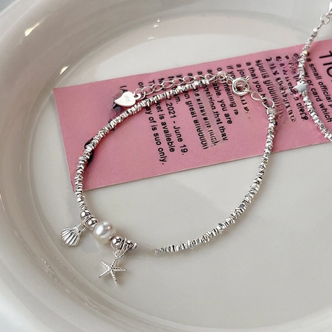 925 Sterling Silver Hematite Bracelet With Artificial Pearl Starfish Shell Pendant Korean Minimalist Ocean Jewelry For Women