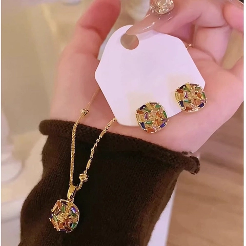Luxury 18K Gold Plated Colorful Zircon Geometric Necklace And Earrings With Silver Earring Post Vintage Jewelry For Women