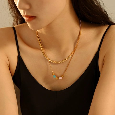 Stainless Steel Double Layer Heart Necklace Bracelet Set Colorful Enamel Drip Oil Snake Chain Jewelry Set For Women Vintage