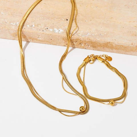 Ensemble de Bijoux Minimaliste en Acier Inoxydable Double Couche Chaîne Plate d'Os de Serpent Avec Pendentif Perle Ronde Femme