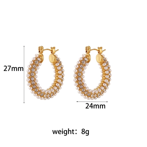 Edelstahl Creolen 18K Vergoldet C-Form Zirkonia Kunstperle Inlay Light Luxury Stil Damen