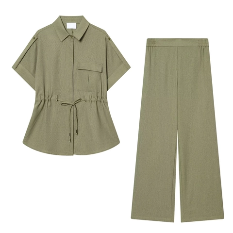 Women Outfits Polyester Short Sleeve Shirt And Wide Leg Pants Solid Color Drawstring Waist Cargo Style Casual Utility Wear