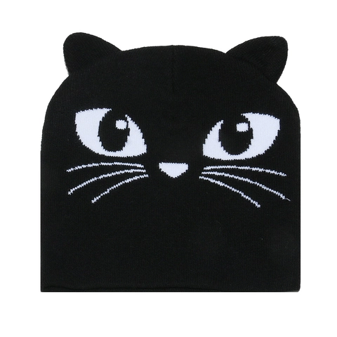 Knit Beanie Hat Acrylic With 3D Cat Ears And Face Pattern Cute Winter Warm Outdoor Skull Cap For Women