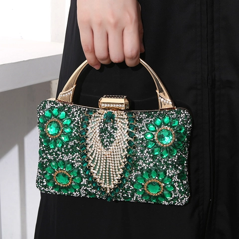 Damen Abendclutch Tasche Rhinestone Edelstein Blume Metallgriff Party Bankett Hochzeit Handtasche Mit Abnehmbarer Kette
