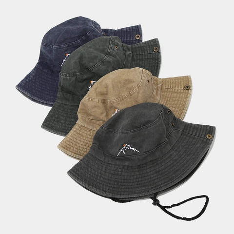 Cappello Da Sole In Cotone Lavato Ricamo Di Montagna Cordino Antivento Regolabile Escursionismo Pesca Boonie Hat Per Uomini Donne