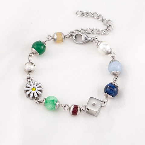 Titanium Steel Colorful Bead Bracelet For Women Men Daisy Flower Dice Pendant Rhinestone Artificial Pearl Beaded Bracelet