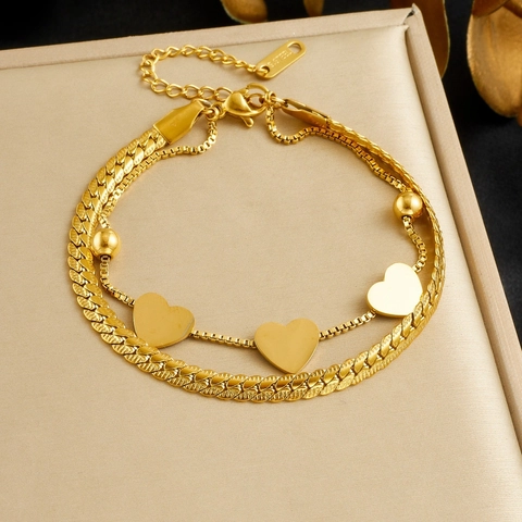 Doppelschichtiges Herz Anhänger Armband Vergoldet Edelstahl Geflochtene Kette Verstellbarer Schmuck Für Damen