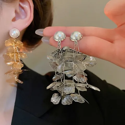 Pendientes Colgantes Elegantes Hoja De Ginkgo Con Perla Artificial De Imitación Y Poste De Plata Joyería Borla Flor Para Mujer