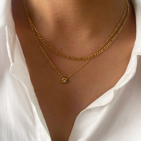 Französischer Stil Vergoldete 316L Edelstahl Lagenhalskette Für Damen Zirkonia Anhänger Figaro Kette Wasserdicht