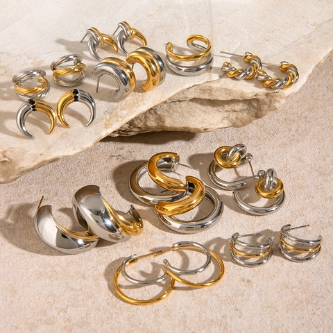 Orecchini A Cerchio A Forma Di C In Acciaio Inossidabile Bicolore Oro Argento Geometrico Moda Minimalista Impermeabile Ipoallergenico Per Donne