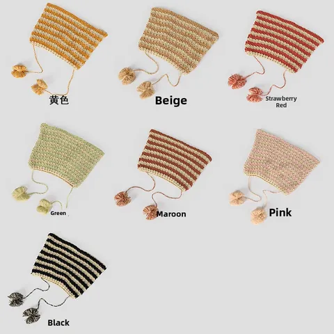 Berretto a Righe da Donna Carino Lavorato a Maglia Con Orecchie e Nappe a Pompon in Seta di Latte Fatto a Mano Berretto a Righe Estivo