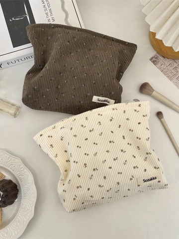 Bloemen Corduroy Make-up Tas Grote Capaciteit Draagbare Toilettas Vintage Esthetische Cosmetische Opslag Voor Dames
