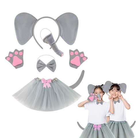 Elephant Ears Headband Nose Tail Bow Tie Tutu Set Grey Plush Animal Costume Kids Halloween Cosplay Party