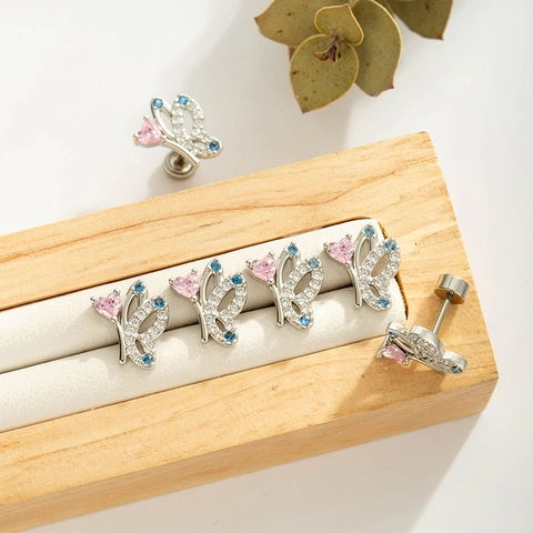 Schmetterling Ohrknorpel Stecker Titanstahl Kupfer Rosa Herz Zirkonia Blau Piercing Schmuck Asymmetrisch Schraubverschluss