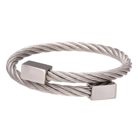 Stainless Steel Cable Wire Rope Cuff Bangle Retro Industrial Style Bracelet With Geometric Square Ends For Men Women