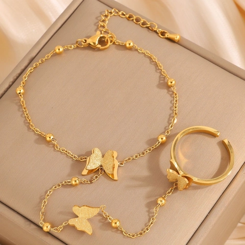 Mode Vergoldete Titanstahl Schmetterling Sklavenarmband Mit Integriertem Ring Handkette Für Damen Minimalistischer Schmuck