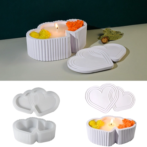Double Heart Storage Box Silicone Mold DIY Ribbed Jewelry Organizer Plaster Candle Jar Resin Casting With Lid