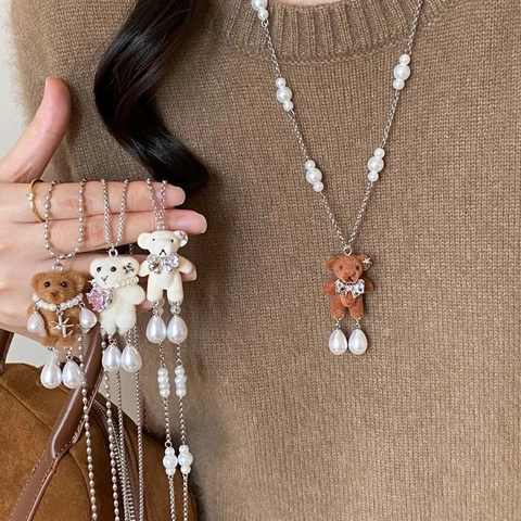 Teddybär Anhänger Halskette Legierung Imitation Künstliche Perle Künstliche Perlen Lange Pullover Kette Cartoon Süßer Strass Schmuck Für Damen