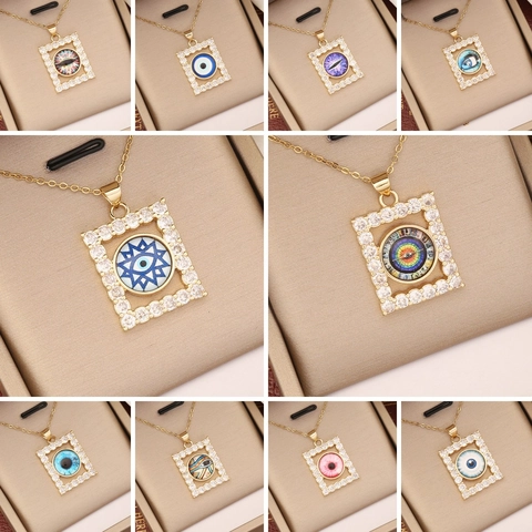 Böser Blick Anhänger Halskette 18K Vergoldetes Kupfer Mikro Zirkonia Quadratisch Ägyptisches Horusauge Schmuck