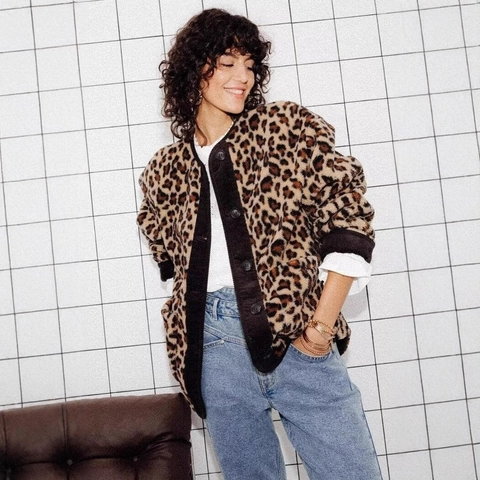 Women Retro Leopard Print Padded Jacket Faux Lamb Wool Corduroy Patchwork Round Neck Casual Winter Outerwear