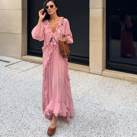 Women Elegant V Neck Chiffon Maxi Dress Pink Ruffle Layered Solid Color Long Sleeve Bohemian Vacation Style