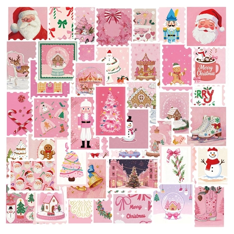 Pink Christmas Postage Stamp Stickers Cartoon DIY Scrapbook Phone Case Laptop Waterproof PVC Decorative Holiday Decals Gift