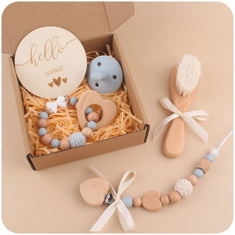 Baby Soothing Gift Accessories Including Silicone Pacifier Wooden Brush Heart Teether Milestone Card Beads Clip
