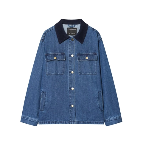 Damen Casual Jeansjacke Mit Kontrastierendem Cordkragen Knopfleiste Langarm Denim Mantel Outerwear Blau