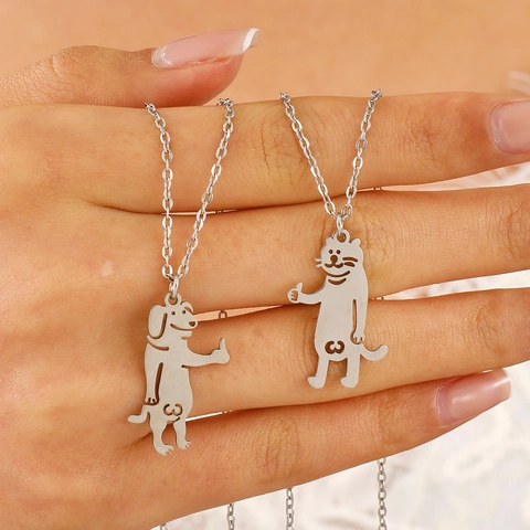 Funny Stainless Steel Cat Dog Pendant Necklace Quirky Dinosaur Skeleton Hand Gesture Stud Earrings Jewelry For Men Women