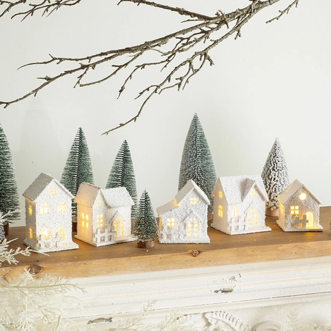 LED Lighted Christmas Village House Wooden Miniature Snow Cabin Reindeer Snowman Ornament Festive Tabletop Home Decor