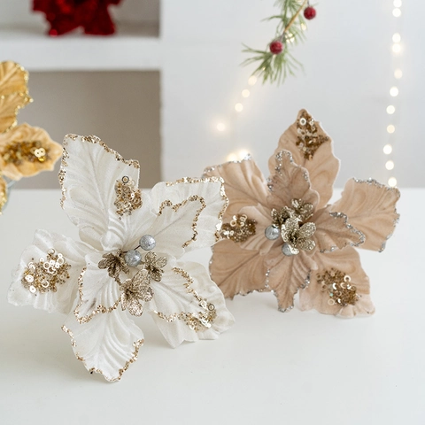 Fiori di Poinsettia in Velluto Artificiale Glitterato Con Gambo Decorazioni per Alberi di Natale Ornamenti Floreali per Casa Festa