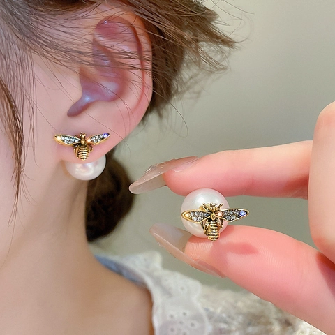 Bee Faux Artificial Pearl Stud Earrings Alloy Rhinestone With 925 Sterling Silver Earring Post Elegant Vintage Style For Women