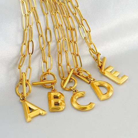 Collar Con Colgante De Letra Inicial Chapado En Oro De 18K Acero Inoxidable Cierre De T-Bar Cadena De Clip Moda Unisex