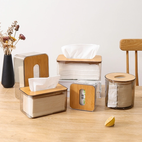 Modern Nordic Transparent PET Tissue Box With Bamboo Wood Lid Minimalist Visible Napkin Holder For Home Office Use