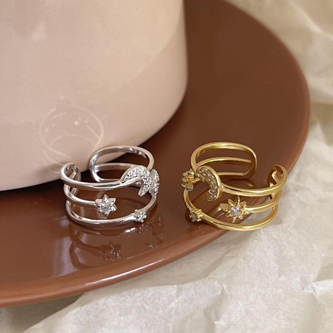 Multi Layer Star Moon Adjustable Open Ring 925 Sterling Silver Zircon Inlaid Trendy Elegant Jewelry