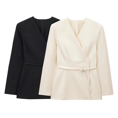 Giacca Blazer Da Donna Elegante Scollo A V Con Cintura Maniche Lunghe Tinta Unita Vestibilità Aderente Abbigliamento Ufficio
