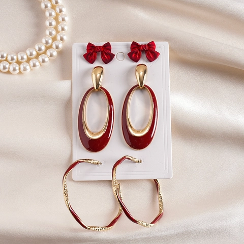 Vintage Red Bowknot And Oval Geometric Alloy Enamel Earrings With 925 Sterling Silver Earring Post For Women Fashion